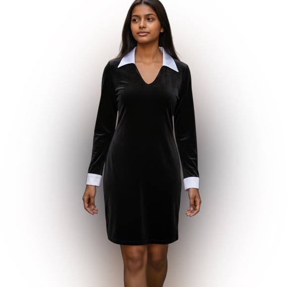 Women’s Whimsygoth Black Velvet Contrast Collar Long Sleeve Mini Dress Small - Picture 2 of 10